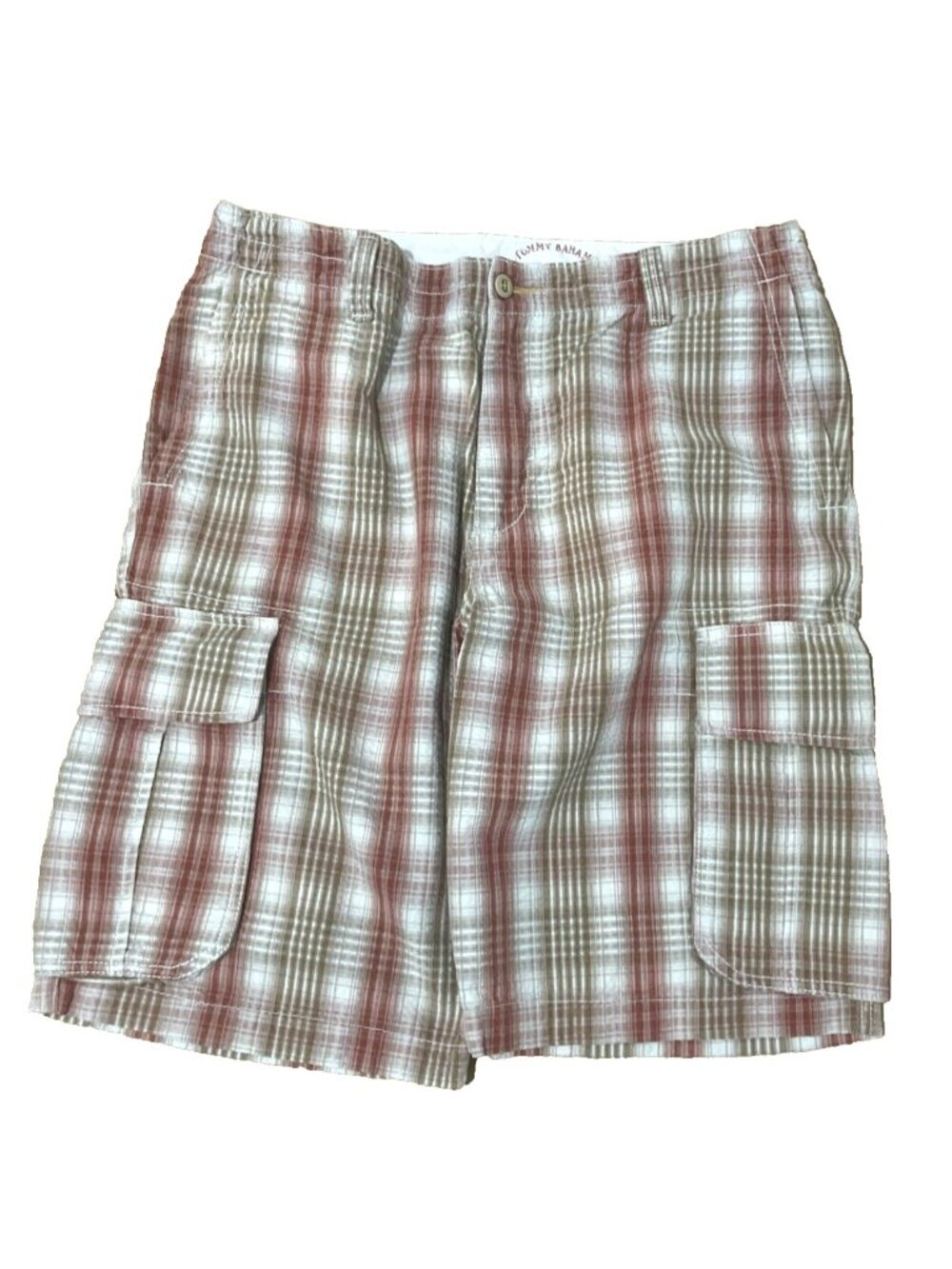 Tommy Bahama Relax Red Khaki Plaid Check Comfort Cargo Shorts Men Size 36